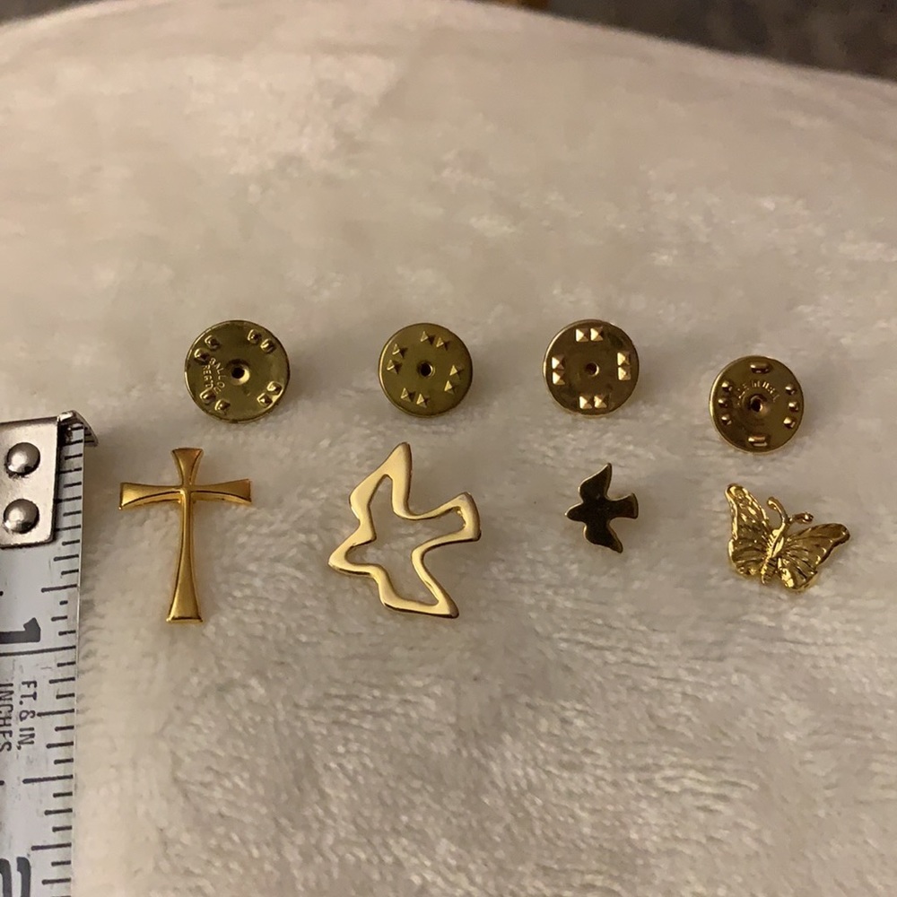 Bundle of 4 pins, cross, dove, small dove, and butterfly. All in gold tones. - Picture 6 of 8